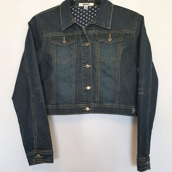 COPY - NEW DKNY Girls XL (Women's XS / Petite Sm) Cropped Dark Denim Jean Jacket - Picture 1 of 10